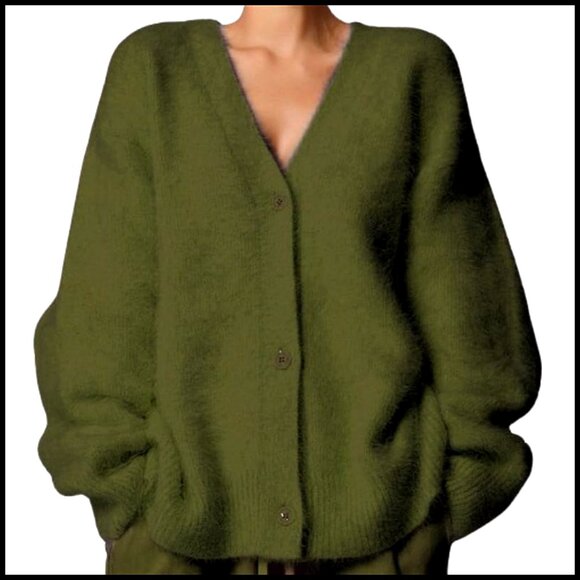Sweaters - Oversized Mohair Cardigan Sweater V-Neck Button Down Fuzzy Knit Women's